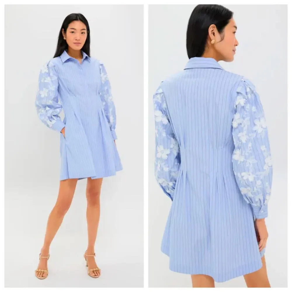 Tuckernuck Corinne Blue Stripe Floral Sleeve Mini Shirt Dress NWT Small - Picture 1 of 6